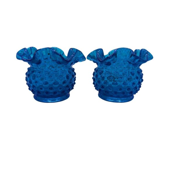 Fenton Blue Hobnail Glass Vase Set - 2 Pieces Ruffled Edge Collectibl - Picture 11 of 12